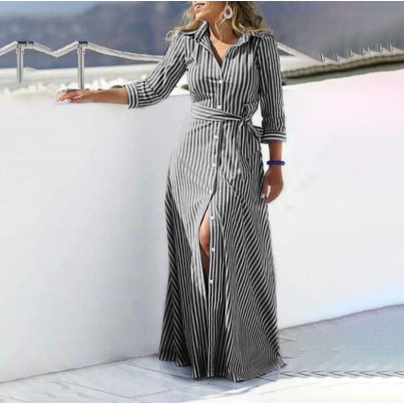 Vestido Camisa de Lino a Rayas para Mujer, Botones, Largo Maxi con Cinturón, Casual, Manga 3/4 para Verano
