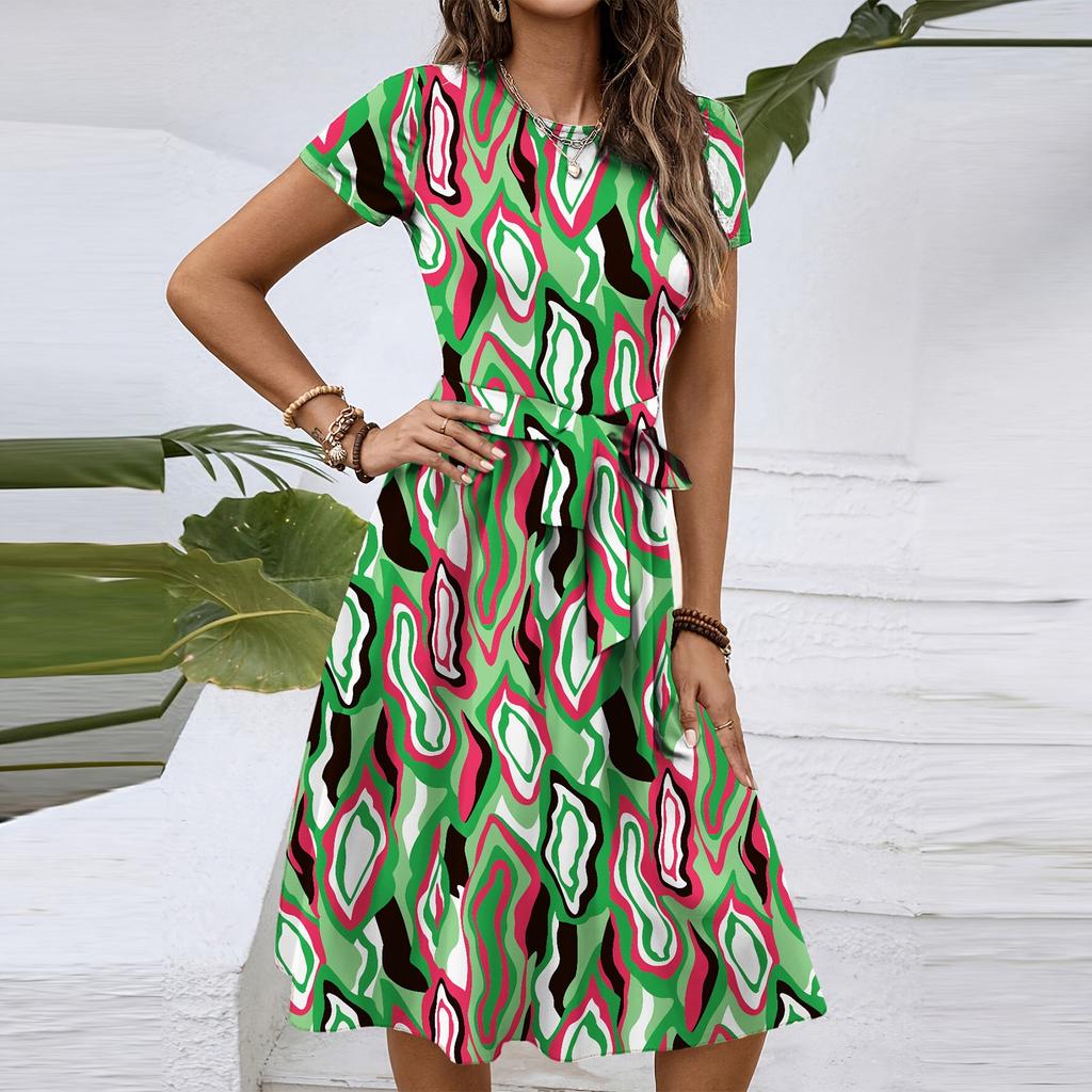 Women's Fashionable Retro Patterned Printing Color Blocked Belt Casual Dress