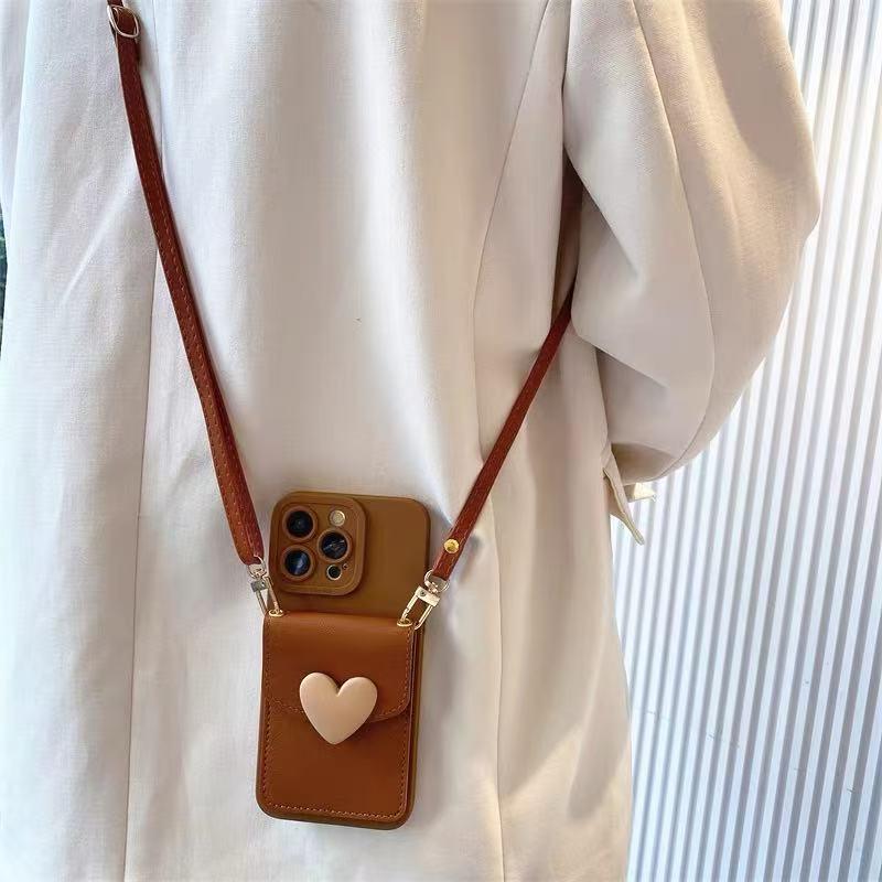 Wine Red Heart Card Holder Phone Case for iPhone 17 Pro Max & Apple 16 Pro, with Lanyard and Card Slot.