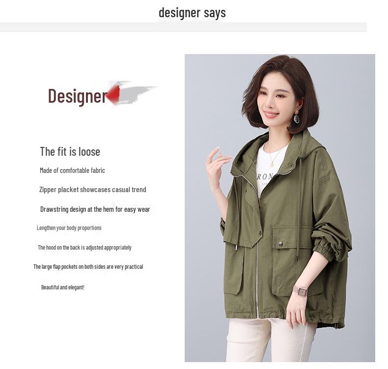 Stylish 2024 Women's Pure Cotton Hooded Jacket – Loose Fit, Plus Size, Casual Short Trench for Middle-Aged Moms
