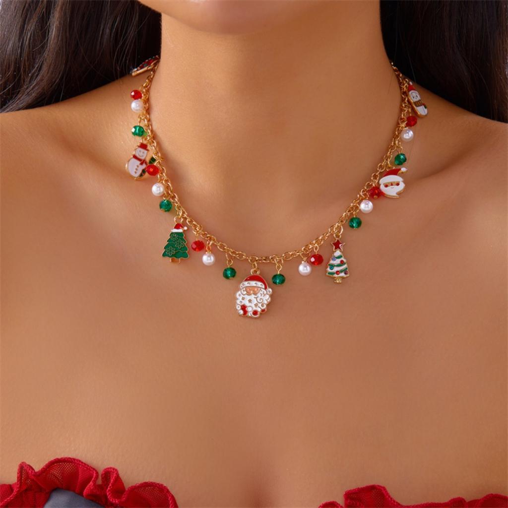 Christmas Choker Cane Reindeer Santa Claus Gift Box Tree Snowman Crystal Bead Fringe Pendant Necklace For Women Men Holiday Gift