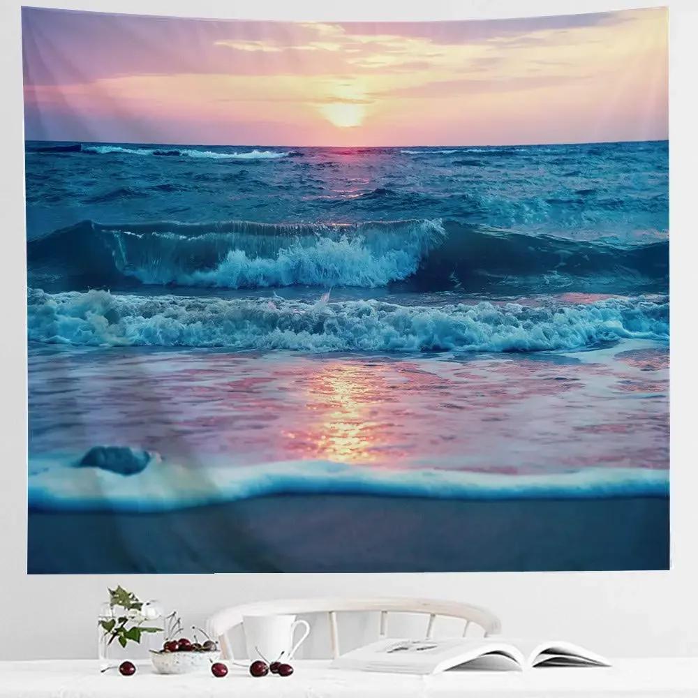 Ocean Sunset  Landscape Tapestry Purple Clouds and Gloden Sunshine Tapestry Wall Hanging Decoration for Dorm Living Room Bedroom