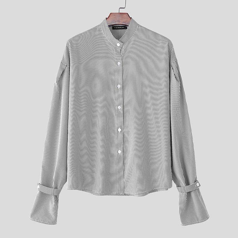 INCERUN Oversized Men Casual Loose Long Sleeve Striped Print Buttons Shirts Tops