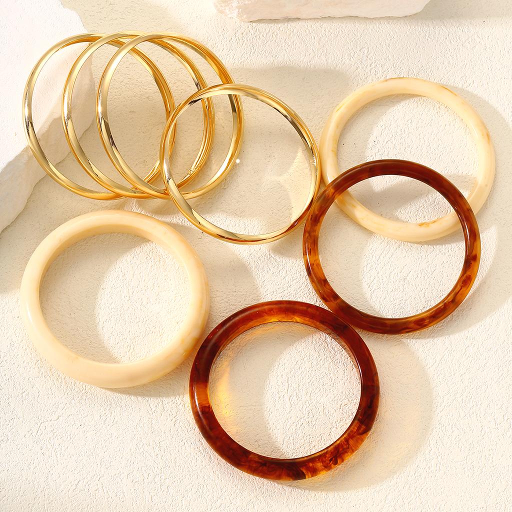 8 Pcs Vintage Gold Color Resin Bangle Set For Women Fashion Chunky Stackable Acrylic Cuff Bracelet Boho Party Daily Wear Jewelry