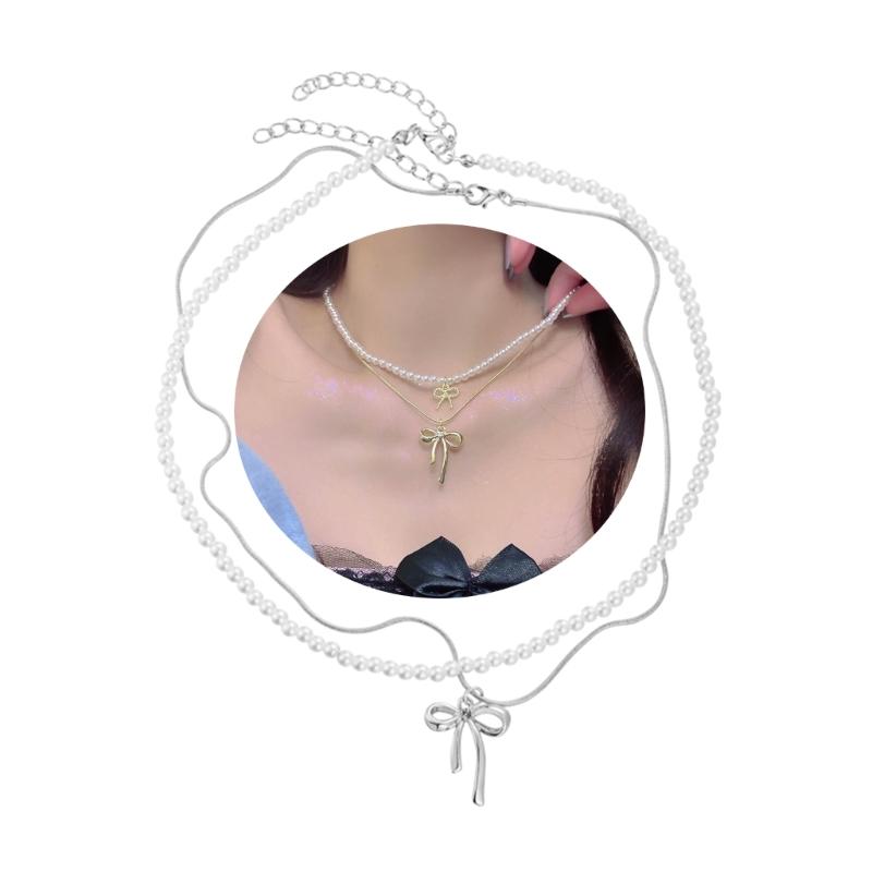 Stylish Beaded Necklace with Bowknot Pendant Choker Necklaces Fashionable Jewelry Gift Adjustable Chain for Women Girls