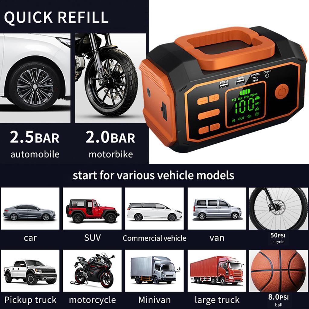 Portable Tire Inflator Air Compressor With Digital Pressure Mobile Vehicle Tire Pump For RV Camping Bike Motorcycle Vehicle SUV