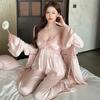 Ice Silk Pajamas Women's Three-piece Set of Pure Lust Sexy Nightgowns, High-end Lace Suspenders, Trousers, Loungewear with Chest Pads