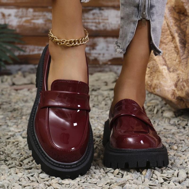 Fashion Patent Leather Med Heel Loafers Shoes Women Solid Color Slip-On Platform Pumps Woman Thick Bottom Non-Slip Office Shoes Female