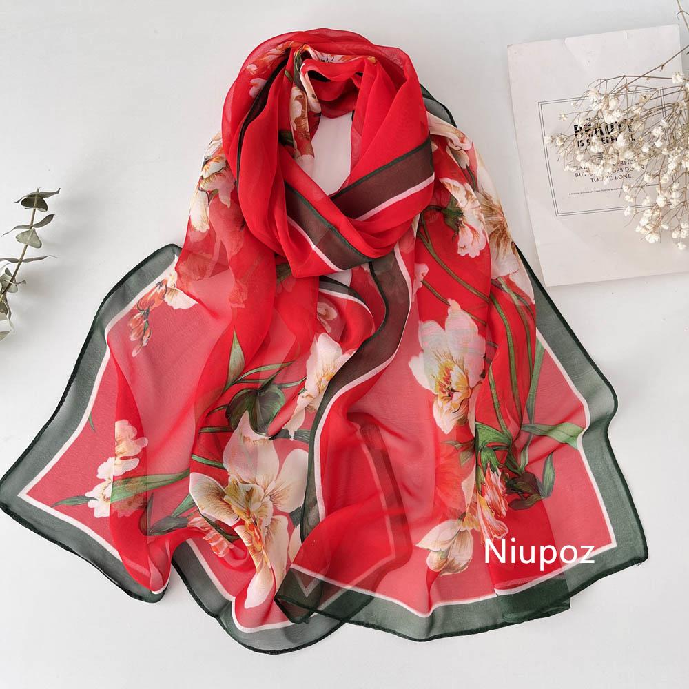 New Design Green Women Elegant Flower Print Chiffon Georgette Bandana Scarf Summer Beach Sunscreen Thin Travel Shawl