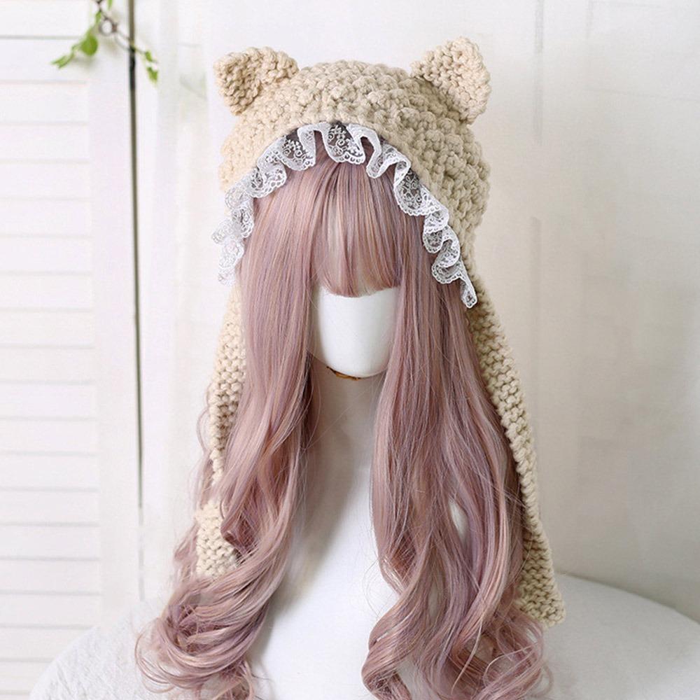Fashion Cartoon Knitted Cat Ear Hat Ear Protection Casual Crochet Wool Hat Cute With Bow Photo Props Cap Outdoor