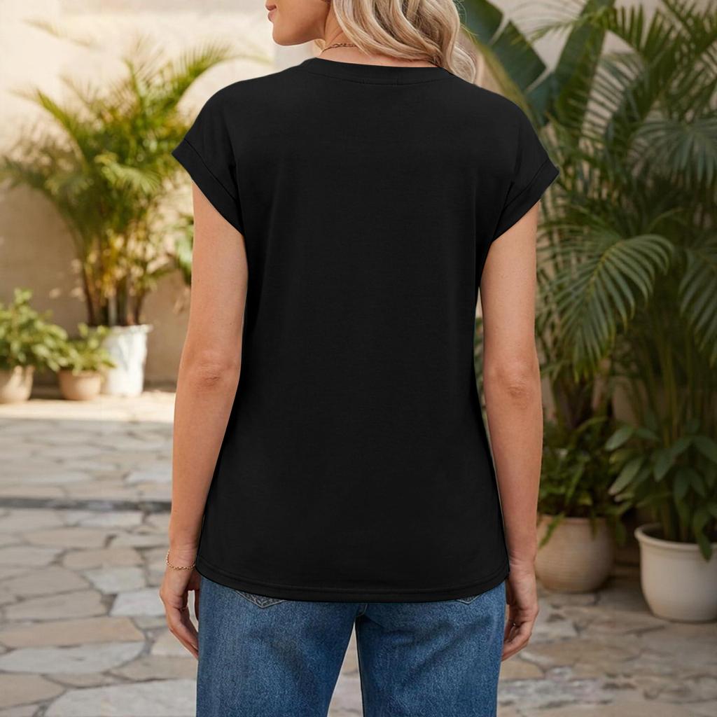 Women's Casual Top Monochrome Pleated Top Round Neck Short Sleeved Shirt