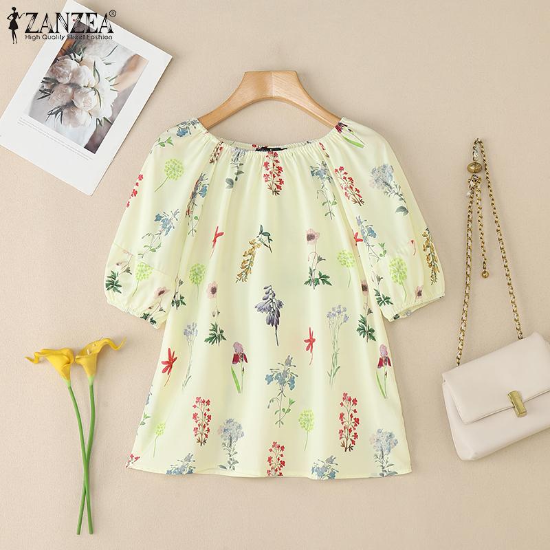 ZANZEA Blusa Feminina de Verão com Gola Redonda Casual Manga Curta Estampada