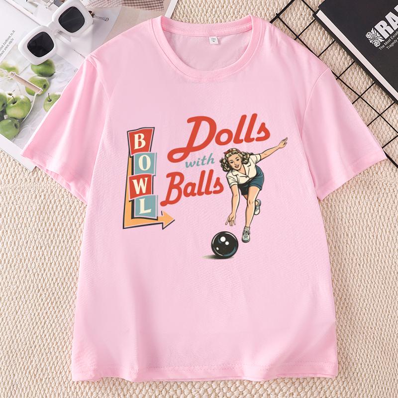 Bowling T Shirt Dolls With Balls TShirt Causal Vintage Graphic Tshirts Funny Cotton Short Sleeve Round Neck T Shrirts Unisex