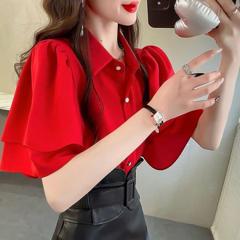 

French Lady s Summer Loose Shirt Women s Loose Blouse Solid Color Fairy Style Ruffle Short Sleeve Chiffon Top XXXL червоний