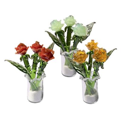 1Pc/1 Set Mini Glass Rose Flower Decoration with Stem Handmade Glass Floral Figurine Home Living Room Hand-Blown Flower Bouquet Ornament