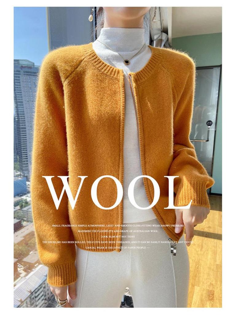Korean Style Retro Round Neck Knit Cardigan for Women - Petite Autumn High Waist Zip Sweater