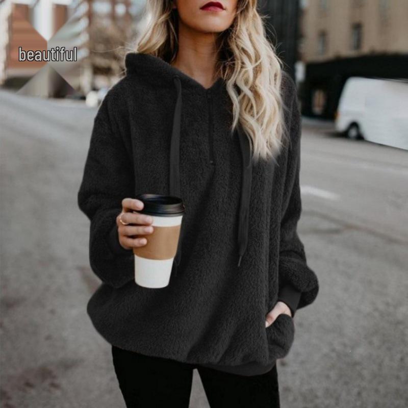 European and American Women's Plush Hooded Sweatshirt - Long-Sleeved, Loose Fit, Fleece Pullover for Autumn and Winter