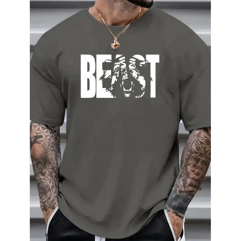 Men Fashion Crew Neck Short Sleeve BEAST Letter Print Cotton T Shirt Top