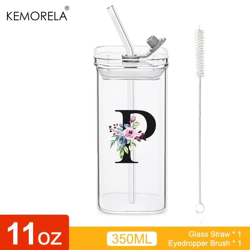 1 STÜCK 24 Buchstabenförmige Glastrinkbecher mit Deckel und Strohhalm Kaffeebecher 300ML Klarer quadratischer Trinkbecher für Kaffee Bier Milch