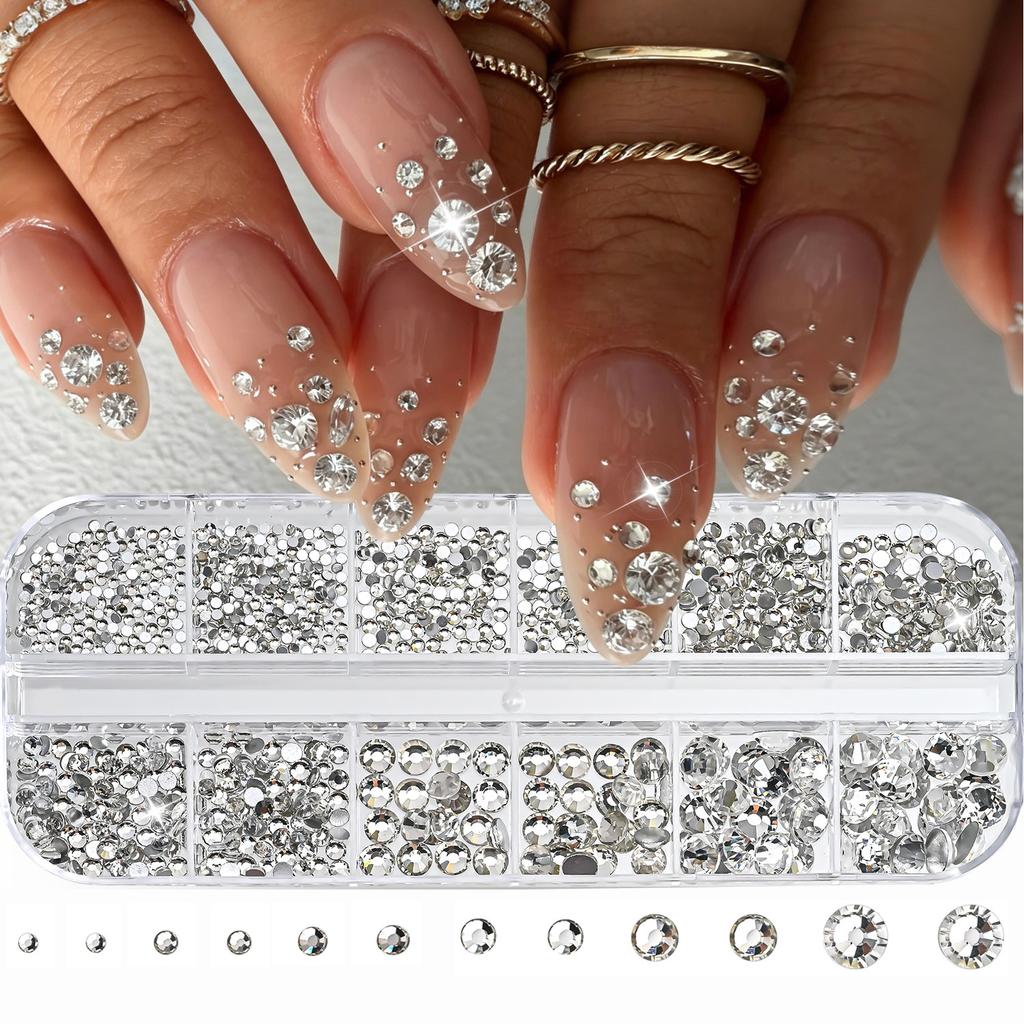 1500PC 12grid 3D Clear Crystal Nail Diamond SS4-SS30 Sparkly Round Nail Beadd Gems Glass FlatBack Nail Rhinestone Charms 1.5-6mm