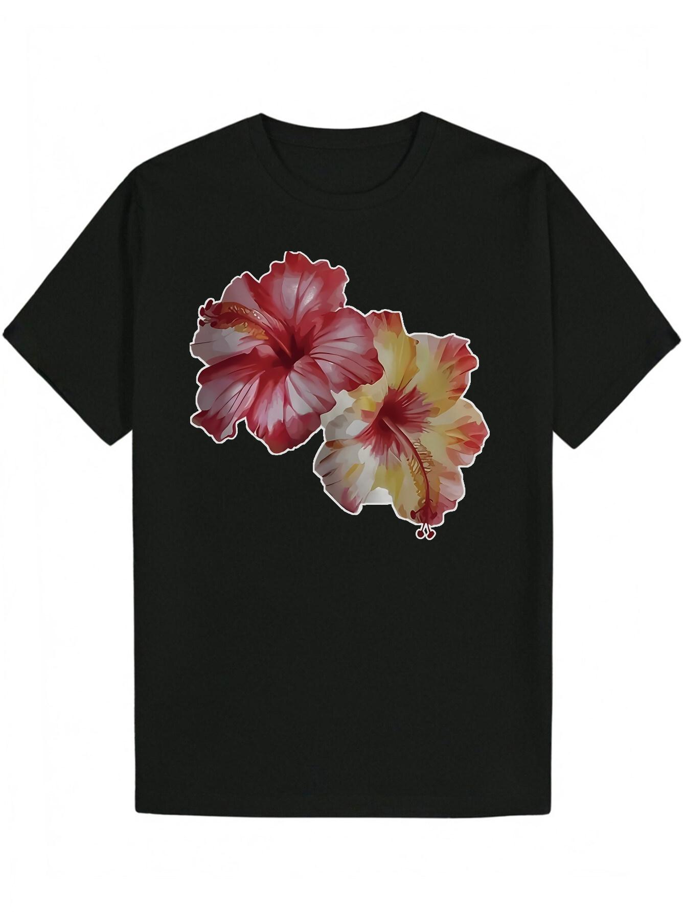 Crew Neck Polyester T-shirt with Vibrant Hibiscus Flower Design - Lightweight XXXXL
