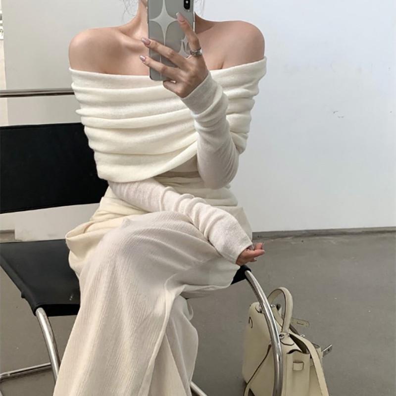 Elegant Off-the-shoulder Knitted Women Blouse Gentle Casual Top Fashion Slim Fit Thin Long Sleeved Pullover Sweater Solid Color Sexy Fashion Clothing