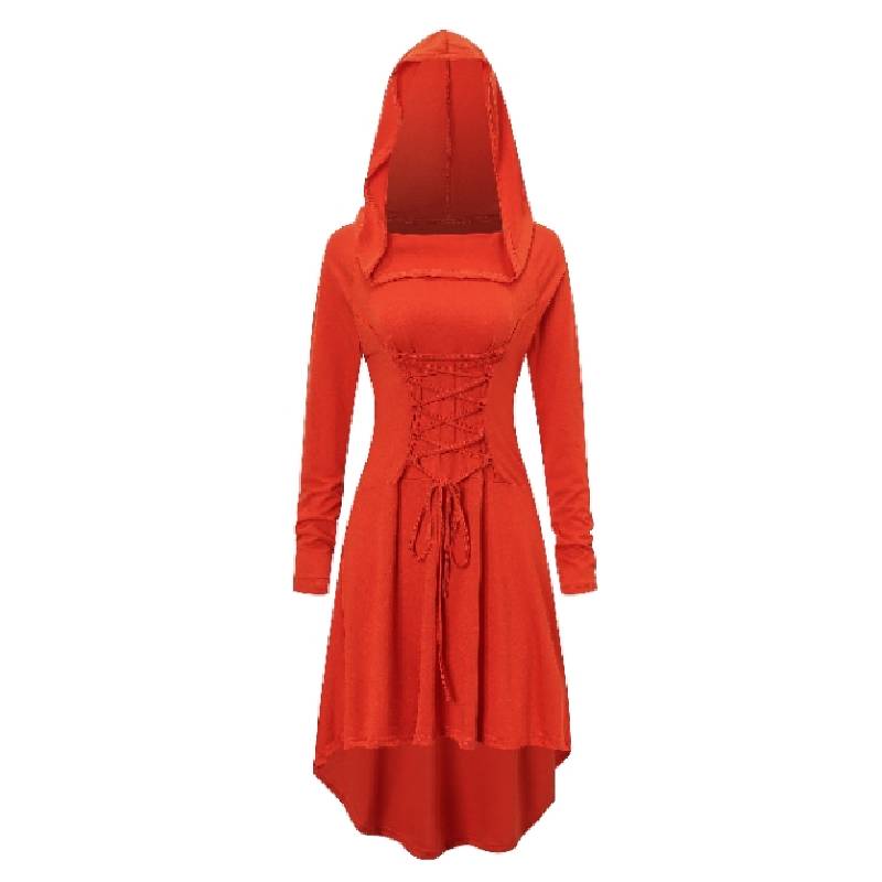 

Halloween Long Women Sleeved Hooded Strapper Dress Lacing Clothes Solid Cosplay 4XL червоний