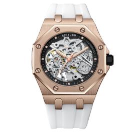 KINYUED Octagonal Hollow Skeleton Watch Men Rose Gold White Silicone Band Sports Luxury Waterproof Quartz Wristwatch Gift