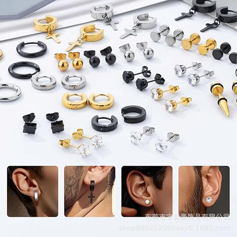 24 Pairs Stainless Steel Stud Earrings with Cross Pendants and Square Backs