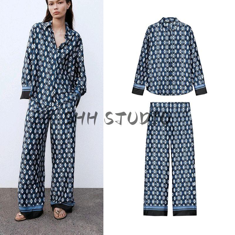 Spring New Women's Clothing Lapel Print Shirt 2329654 Geometric Pattern Printed Pants 2336655