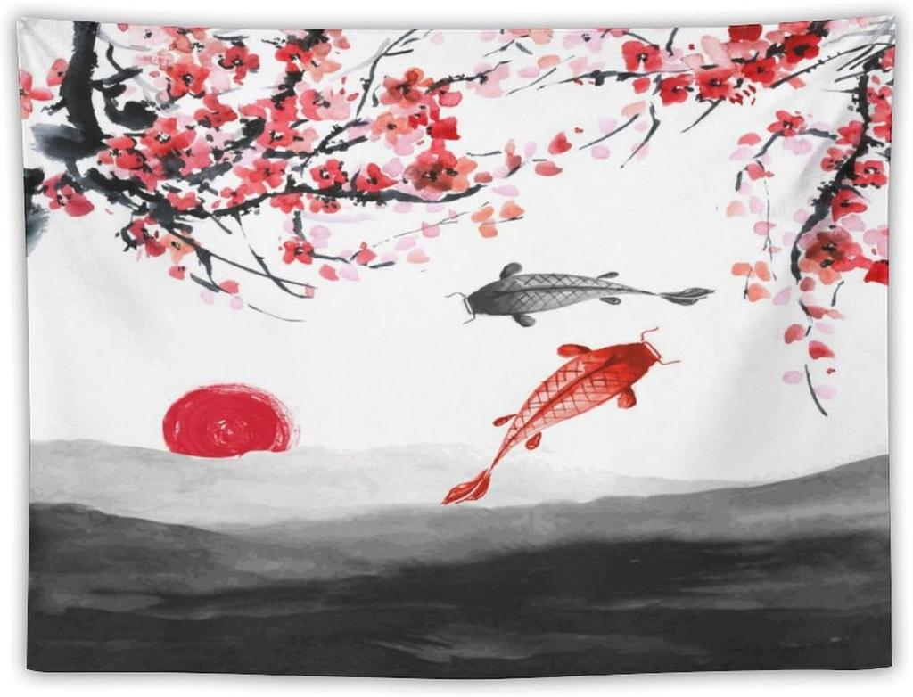 Japanese Red Geisha Tapestry Asian Cherry Blossom Traditional Kimono Folk Tapestries Home Decor Living Room Bedroom Apartment