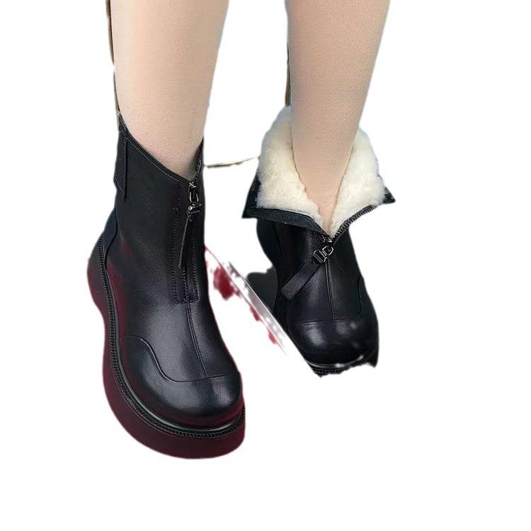 Winter lässige echte weiche Leder Baumwollstiefel dicksohlige Samt Kurzstiefel runde Spitze Gummi weiche Sohle warm Frontreißverschluss