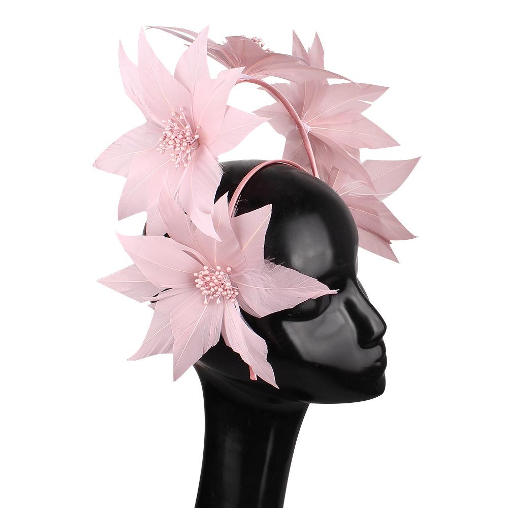 

European And American Style Feather Flower Headdress Retro Exaggerated Top Hat Coffee With Beige Headband