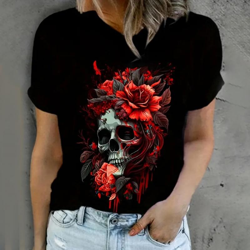 Skeleton Flower Pattern T-Shirt Women 3D Printed Short Sleeves Summer Loose O-Neck Casual Comfortable Fashionable T-shirt