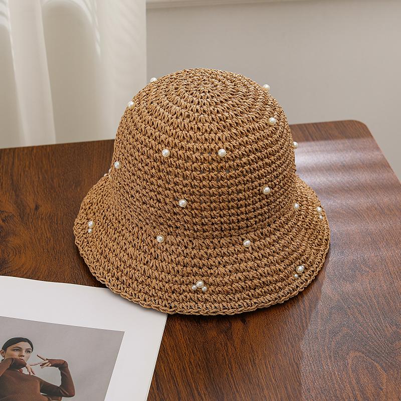 Summer Outdoor Sunshade Hat for Women, Hollowed Out Breathable Straw Woven Bucket Hat, High-end Pearl Fisherman Hat
