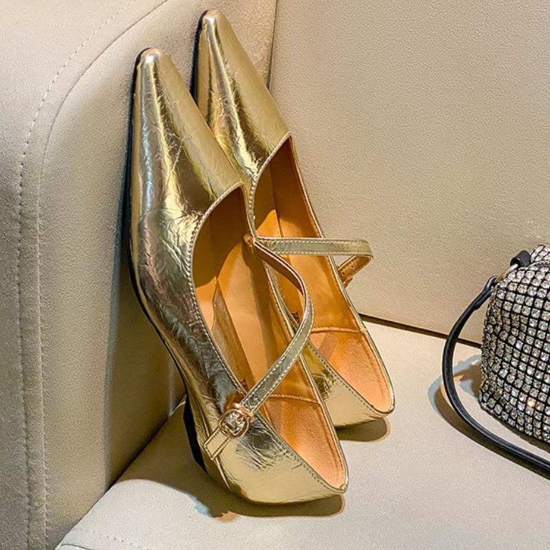Women's Fashion Buckle High Heels French Silver Strap Mary Jane Shoes Women's 2025 New Soft Leather Wedge Pointed Toe Shoes
