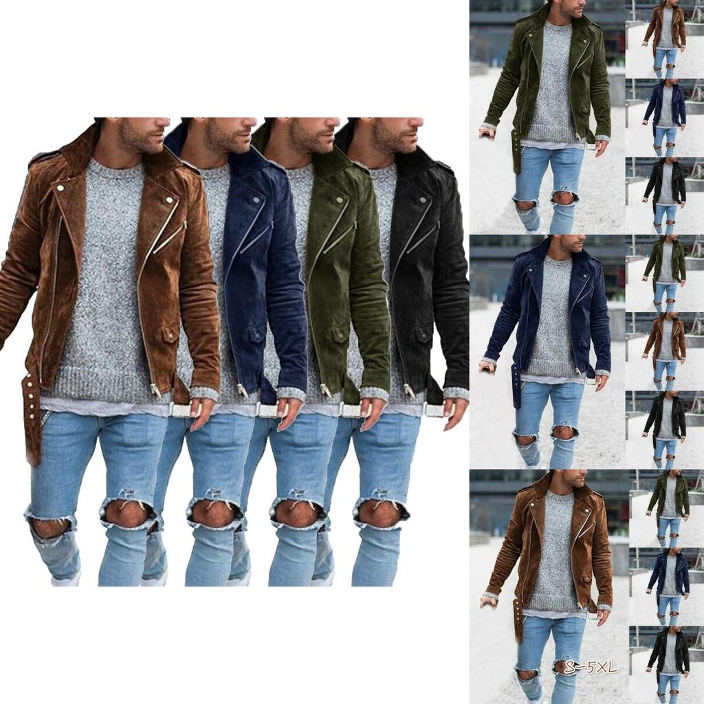 Men's Slim Faux Suede Leather Jacket With Lapel Collar And Zipper Closure For Autumn