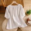 Women's Summer 2026 Imitation Han Linen Short-Sleeve T-Shirt - Artistic Solid Color Design