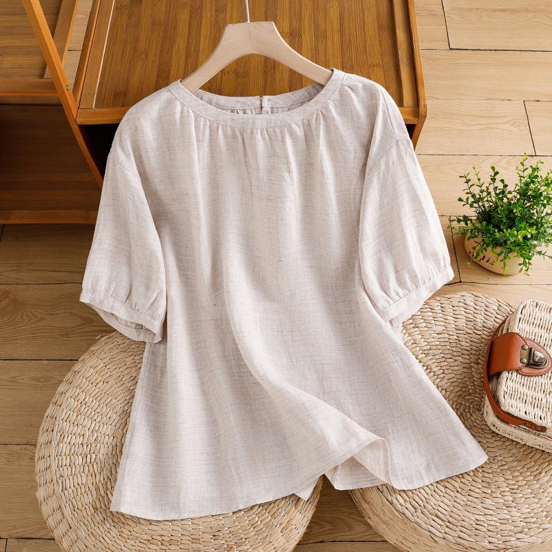 Women's Summer 2026 Imitation Han Linen Short-Sleeve T-Shirt - Artistic Solid Color Design