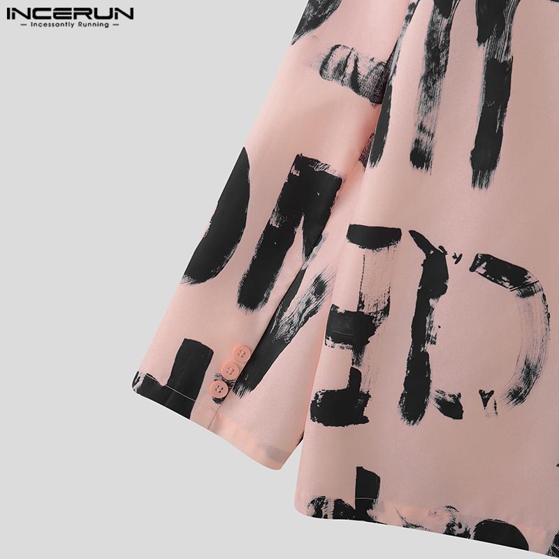 INCERUN Oversized Men Lapel Neck Long Sleeve Print Casual Loose Thin Blazer Coats