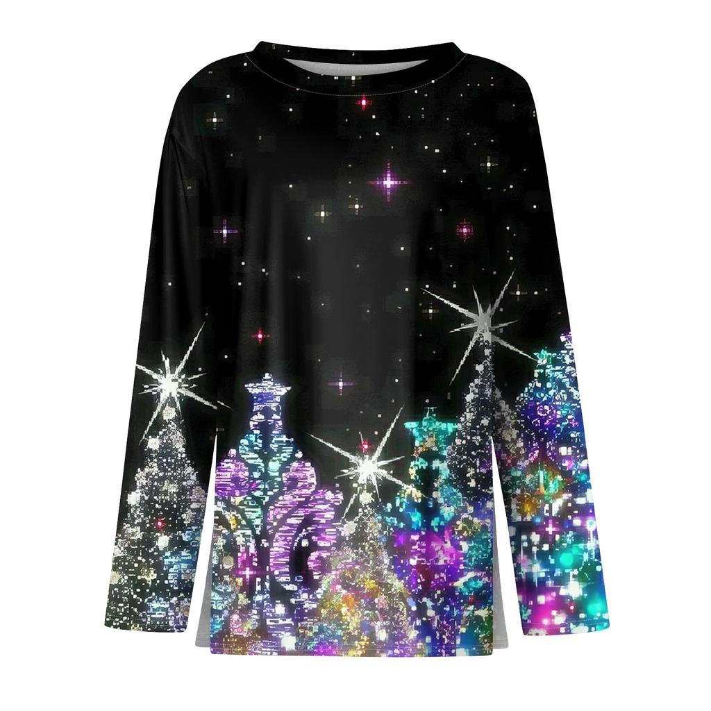 Women's Fashion Casual Slit Hem Round Neck Long Sleeve Loose  Printed T-Shirt Ladies Top