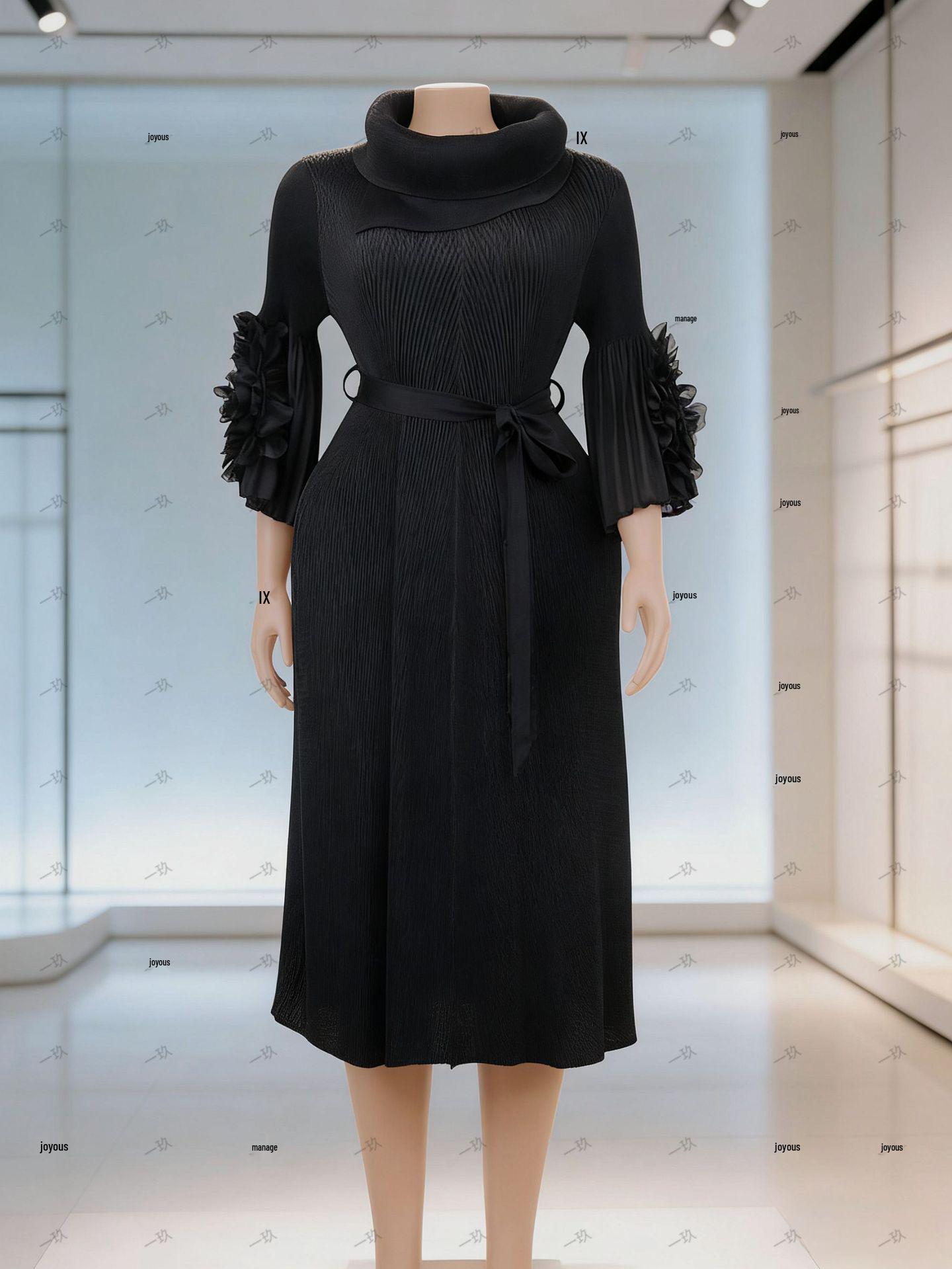

Miyake Elegant Plus Size Dress: Cross-Fold Solid Color with Fish Scale Design One Size 80-200 Jin чёрный