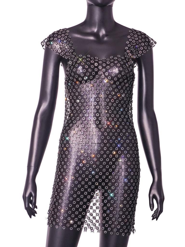 Fashion 2025 Plum blossom fishing net bright diamond sexy dress 2