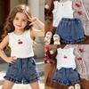 Children's Fashion Set: Summer Girls' Cherry-Print Tank Top + Vintage-Style Jeans Set