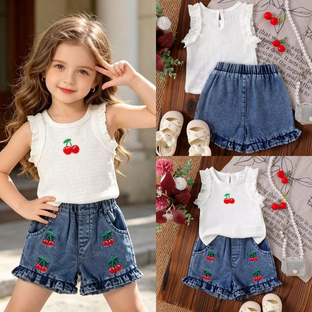 Children's Fashion Set: Summer Girls' Cherry-Print Tank Top + Vintage-Style Jeans Set