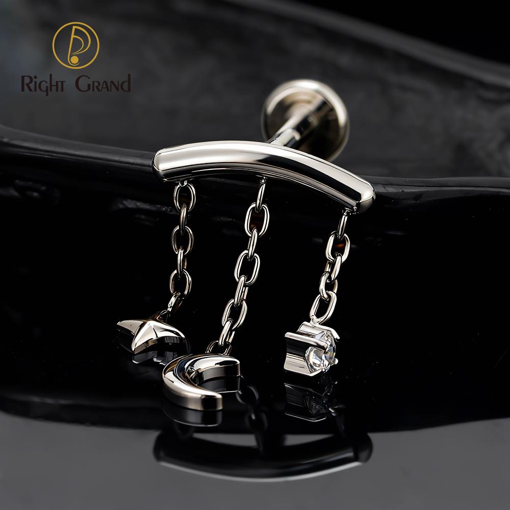 Right Grand ASTM F136 Titanium Hidden Helix Chain Earring 16G Dainty Star Moon CZ Dangle Cartilage Stud Piercing Jewelry