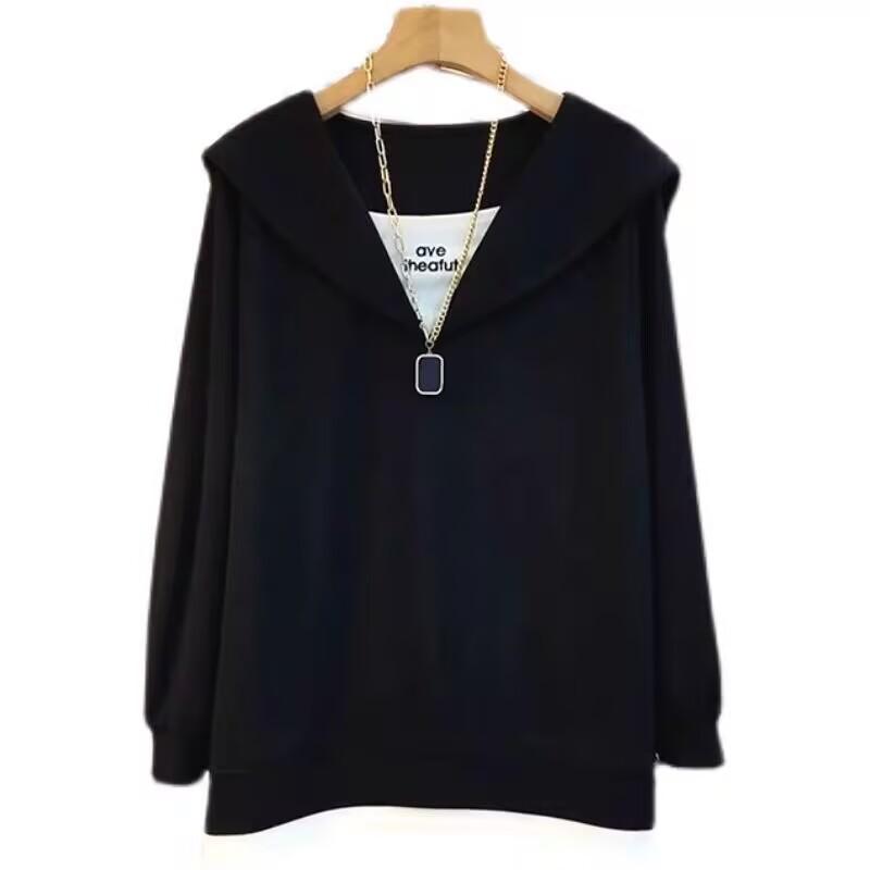 Large size women's clothing, foreign style fake two-piece long-sleeved T-shirt for women's spring and autumn new fat mm loose and thin belly-covering