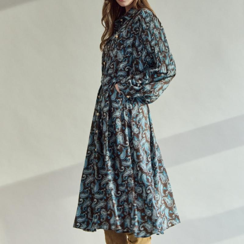 Maxza Paisley Pleats Balloon Sleeve Long Dress