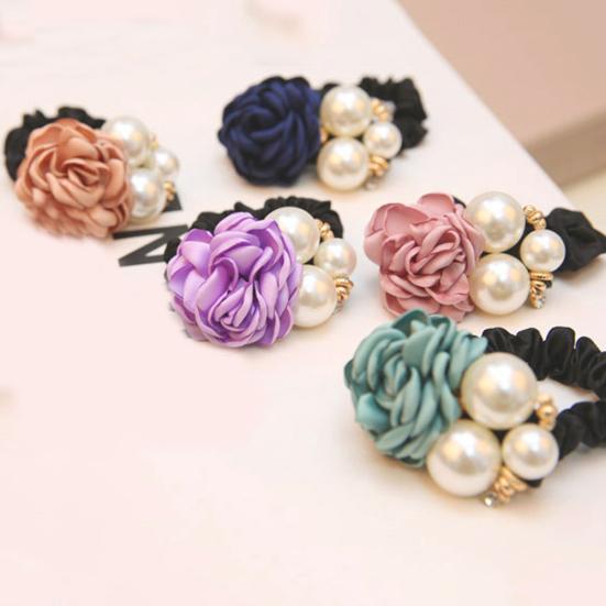 Mode Frauen Faux Perlen Rose Blume Haar Band Seil Scrunchie Pferdeschwanz Halter