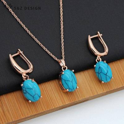 Set di orecchini pendenti con turchesi sintetici a forma di uovo ovale vintage pregiato per le donne Collana con ciondolo color oro rosa da sposa